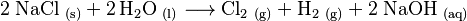 \mathrm{2 \; NaCl \; _{(s)} + 2\,H_2O \; _{(l)} \longrightarrow  Cl_2 \; _{(g)} + H_2 \; _{(g)} + 2 \; NaOH \; _{(aq)}}